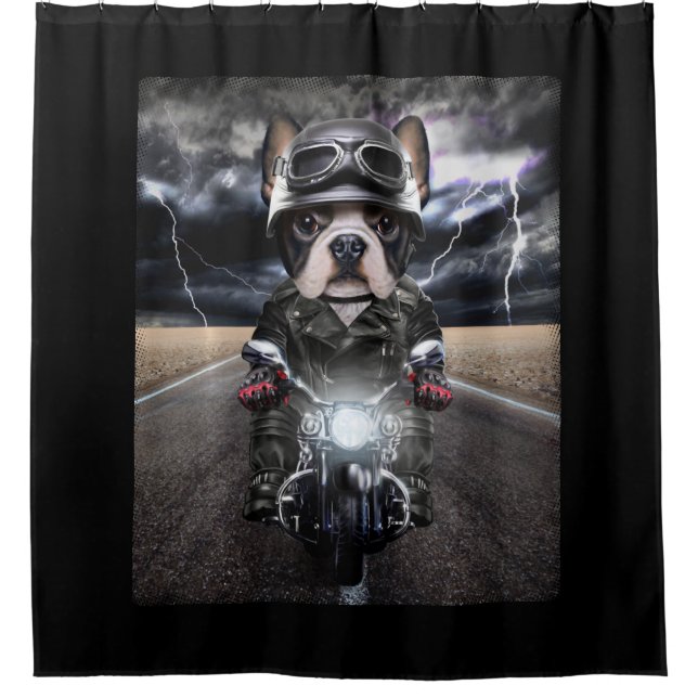 Niedlicher französischer Bulldog auf Motorradkreuz Duschvorhang (Vorderseite)