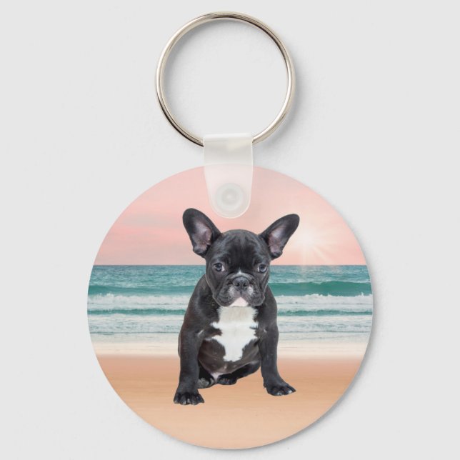 Niedlicher französischer Bulldog Beach Schlüsselanhänger (Vorderseite)
