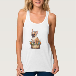 Niedlicher französischer Bulldog in einem Korb mit Tank Top