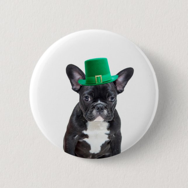 Niedlicher französischer Bulldog mit Hat St. Patri Button (Vorderseite)