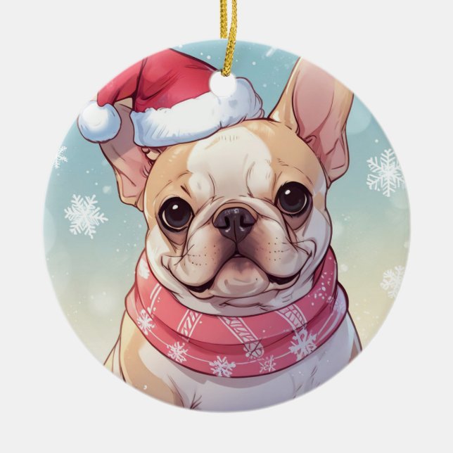 Niedlicher französischer Bulldog mit Hut und Schal Keramik Ornament (Vorne)