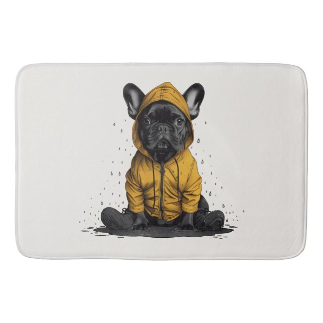 Niedlicher französischer Bulldog mit Regenmantel Badematte (Vorderseite)