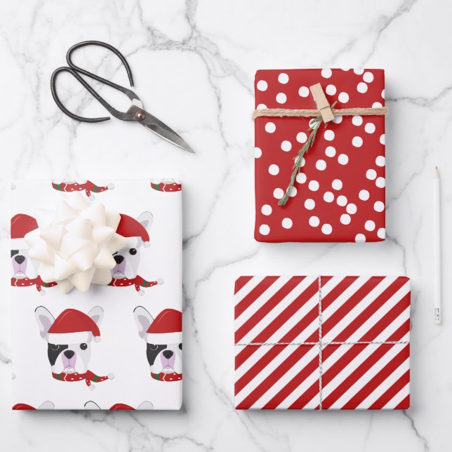 Niedlicher französischer Bulldog & Red Strip Weihn Geschenkpapier Set (Vorderseite)