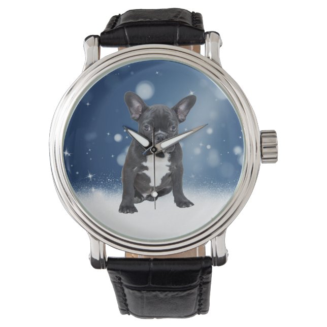 Niedlicher französischer Bulldog Snow Stars Armbanduhr (Vorderseite)