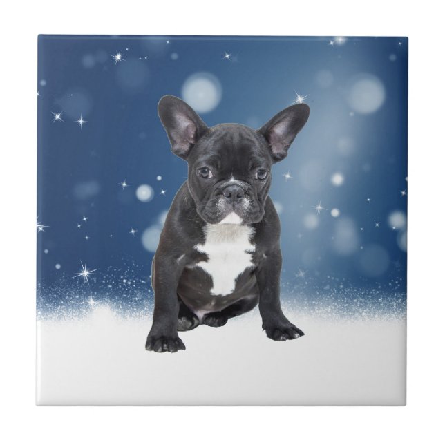 Niedlicher französischer Bulldog Snow Stars Fliese (Vorderseite)