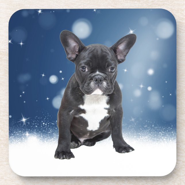 Niedlicher französischer Bulldog Snow Stars Getränkeuntersetzer (Vorderseite)