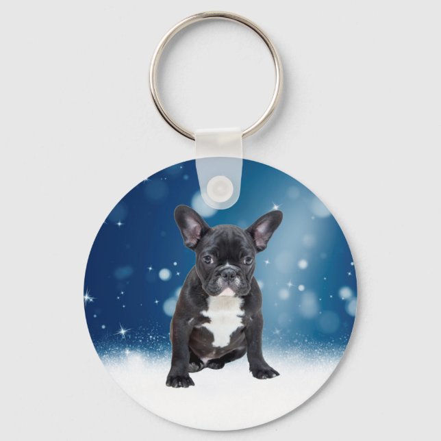 Niedlicher französischer Bulldog Snow Stars Schlüsselanhänger (Vorderseite)