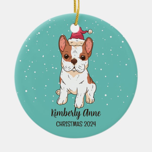 Niedlicher französischer Bulldogge Weihnachtsschne Keramik Ornament (Vorne)