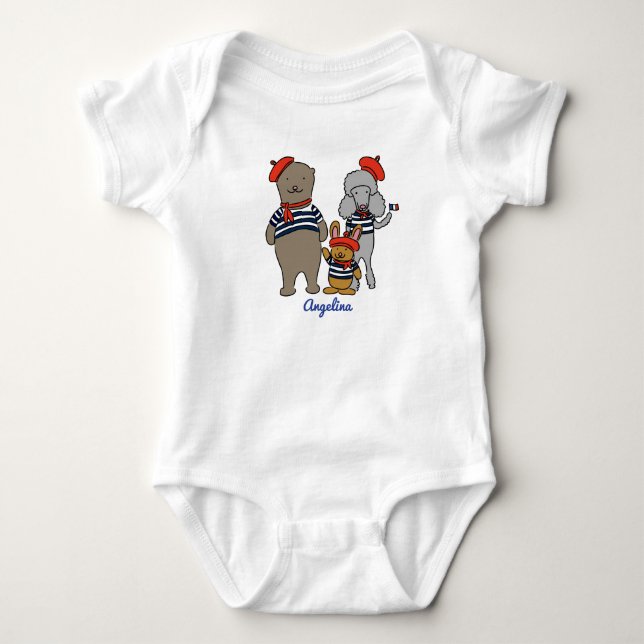 Niedlicher französischer Cartoon Tiere Personalisi Baby Strampler (Vorderseite)