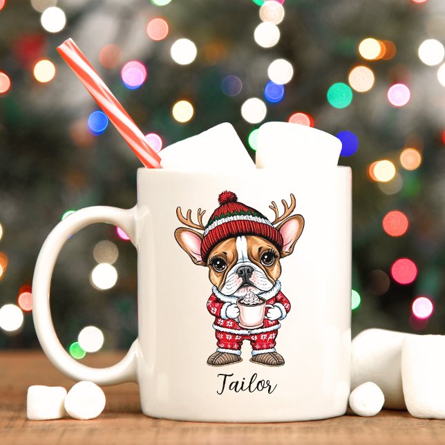 Niedlicher französischer Hund Weihnachtsfeierliche Kaffeetasse (French bulldog personalized Christmas mug.)