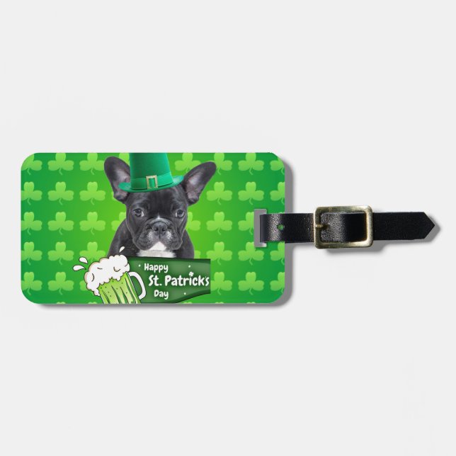 Niedlicher French Bulldog Welppy Hat St. Patrick D Gepäckanhänger (Vorderseite horizontal)