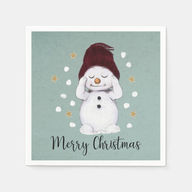 Niedlicher Friedlicher Schneemann Winter Blauer We Serviette (Vorderseite)