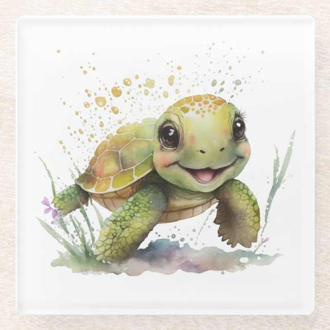 Niedlicher froher Tortoise Glass Untersetzer (Vorderseite)
