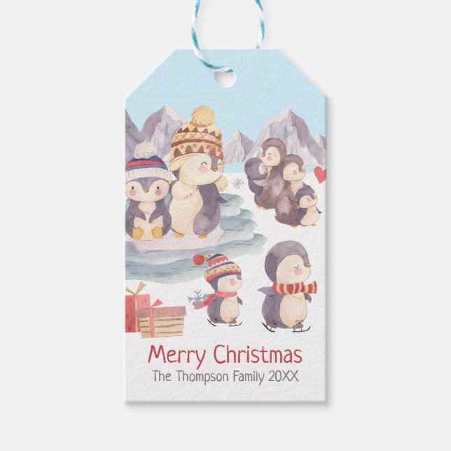 Niedlicher froher Weihnachts-Penguin-Familie Schne Geschenkanhänger (Vorderseite)