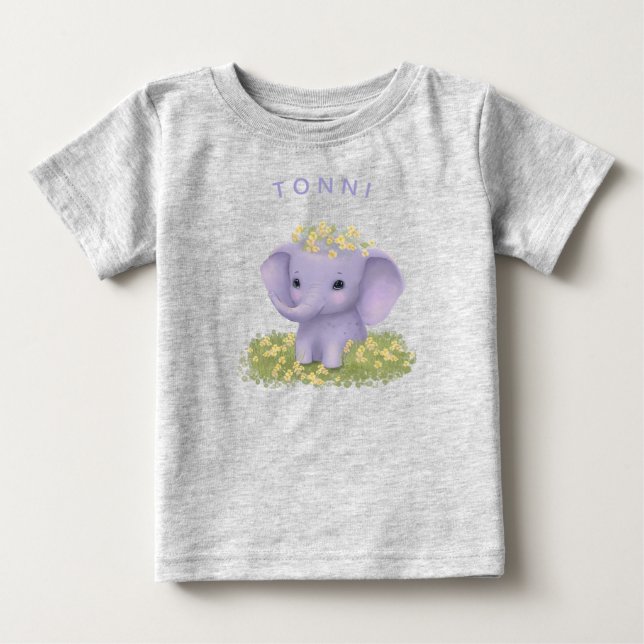 niedlicher, fröhlicher Elefant mit Wildblumen Baby T-shirt (Vorderseite)