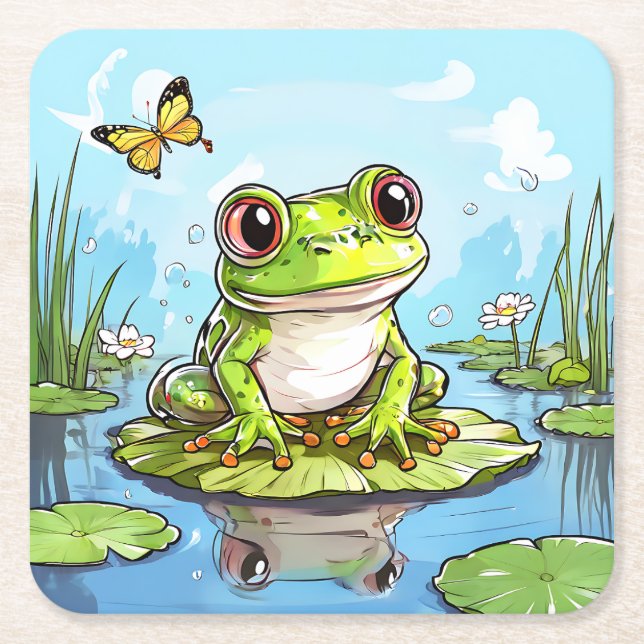 Niedlicher Frosch auf einem Lily Pad Niedlich Pers Rechteckiger Pappuntersetzer (Vorderseite)