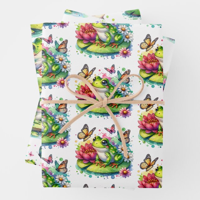 Niedlicher Frosch auf einem Lily Pad und Blume Geb Geschenkpapier Set (Beispiel)