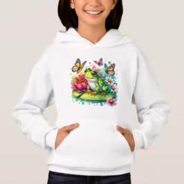 Niedlicher Frosch auf Lily Pad mit Blume und Schme Hoodie