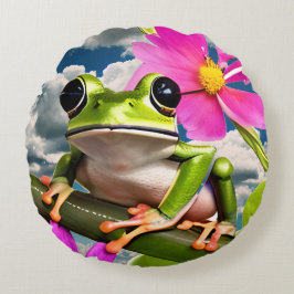 Niedlicher Frosch auf rosa Blume Zweig mit Wolken Rundes Kissen