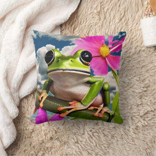 Niedlicher Frosch auf rosa Blumenast mit Wolken Kissen