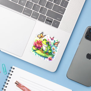 Niedlicher Frosch auf Seerosenblatt mit Blumen und Aufkleber