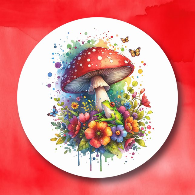 Niedlicher Frosch, Blume, Schmetterlinge und Pilze Runder Aufkleber (Von Creator hochgeladen)