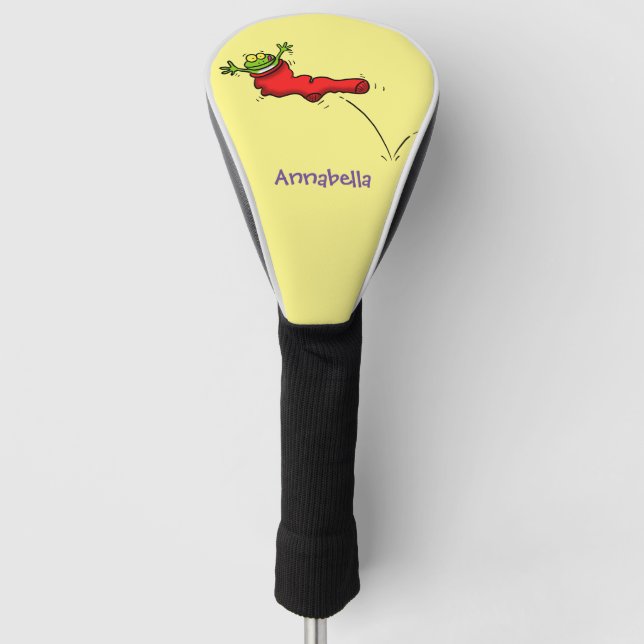 Niedlicher Frosch in einem roten Cartoon Golf Headcover (Vorderseite)