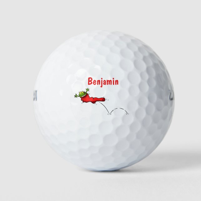 Niedlicher Frosch in einem roten Cartoon Golfball (Vorderseite)