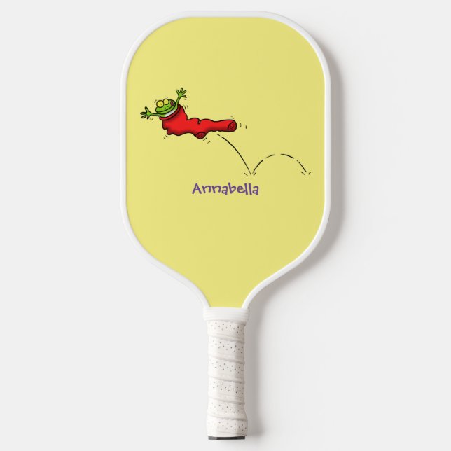 Niedlicher Frosch in einem roten Cartoon Pickleball Schläger (Vorderseite)