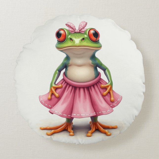 Niedlicher Frosch in Rosa Rundes Kissen (Vorderseite)