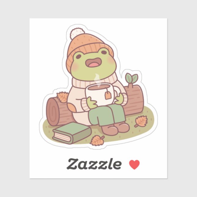 Niedlicher Frosch mit Beanie und heißem Tee Herbst Aufkleber (Blatt)