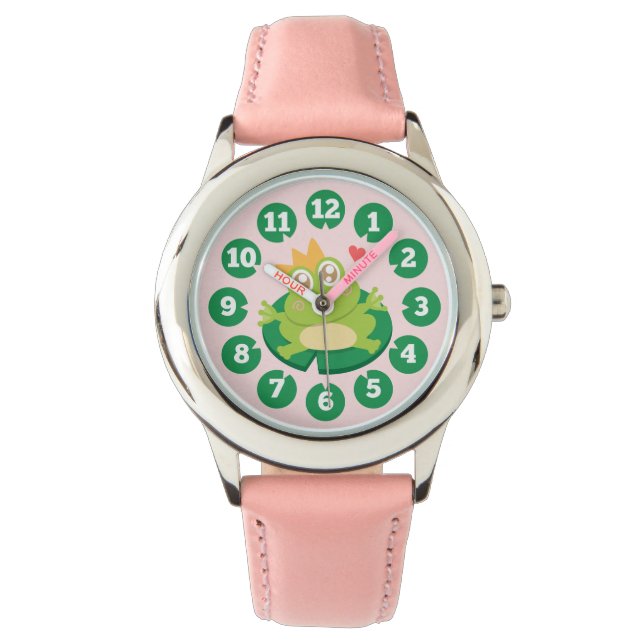 Niedlicher Frosch mit Krone auf einem Lilienpolste Armbanduhr (Vorderseite)