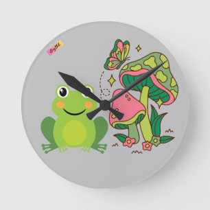 niedlicher Frosch, Pilze und Schmetterling Runde Wanduhr