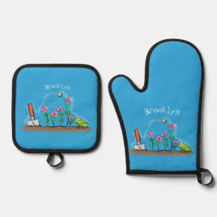 Niedlicher Frosch und Biene in Cartoon-Abbildung Ofenhandschuh & Topflappen-Set