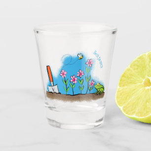 Niedlicher Frosch und Biene in Cartoon-Abbildung Schnapsglas