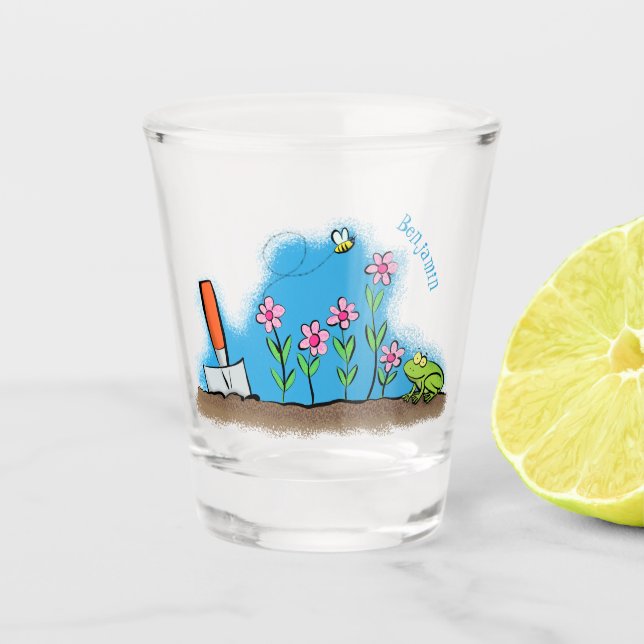 Niedlicher Frosch und Biene in Cartoon-Abbildung Schnapsglas (Vorderseite)