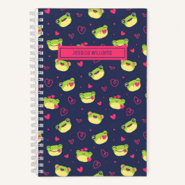 Niedlicher Frosch und Doodle Herz Muster Navy Blue Notizbuch