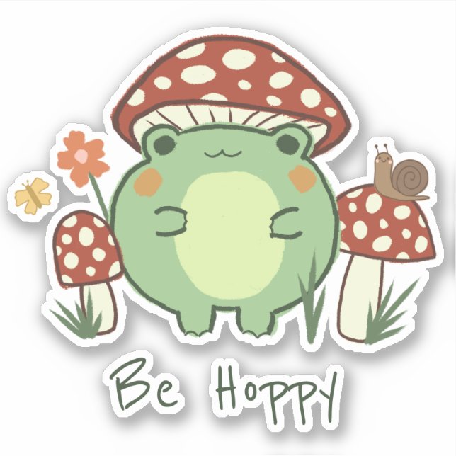 Niedlicher Frosch und Pilze | Be Hoppy Vinyl Aufkleber (Vorderseite)