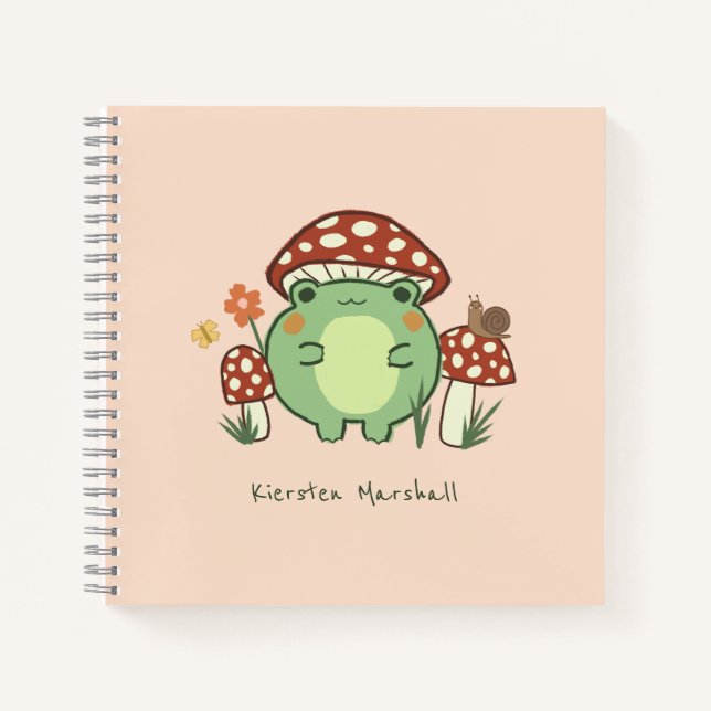 Niedlicher Frosch und Pilze Cartoon | Name Notizbuch (Vorderseite)
