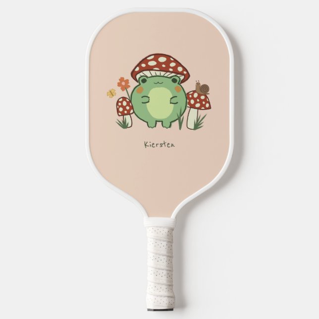 Niedlicher Frosch und Pilze Cartoon | Name Pickleball Schläger (Vorderseite)