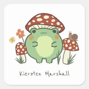 Niedlicher Frosch und Pilze Cartoon   Name Quadratischer Aufkleber