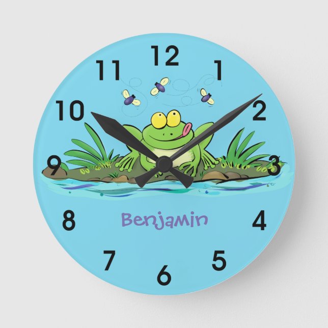 Niedlicher Froschfrosch Cartoon Runde Wanduhr (Vorderseite)