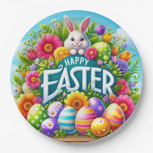 Niedlicher Frühjahr/Osterhase mit Ei Pappteller (Vorderseite)