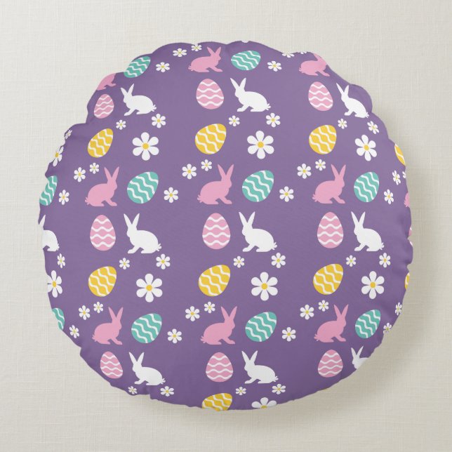 Niedlicher Frühling Ostern Bunny Floral Muster Ei  Rundes Kissen (Vorderseite)