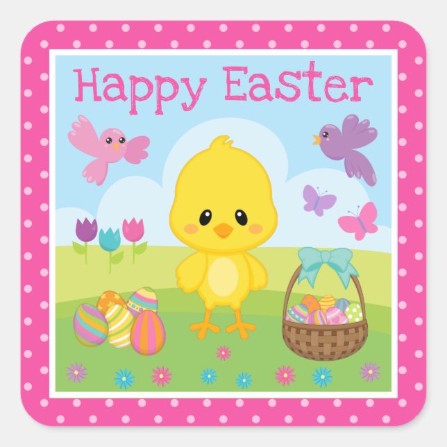 Niedlicher Frühling Ostern Kiche und Schokolade Ei Quadratischer Aufkleber (Vorderseite)