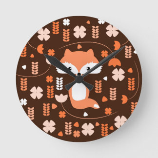 Niedlicher Fuchs, Blumen und Blätter in der Orange Runde Wanduhr