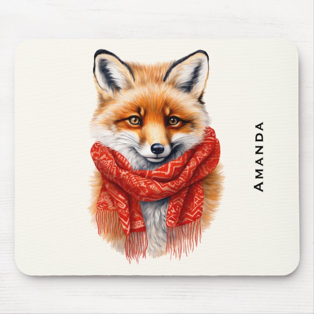 Niedlicher Fuchs mit rotem Schal Herbstbild Mousepad (Vorne)