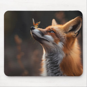Niedlicher Fuchs mit Schmetterling auf der Nase Mousepad