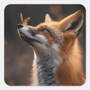 Niedlicher Fuchs mit Schmetterling auf der Nase Quadratischer Aufkleber