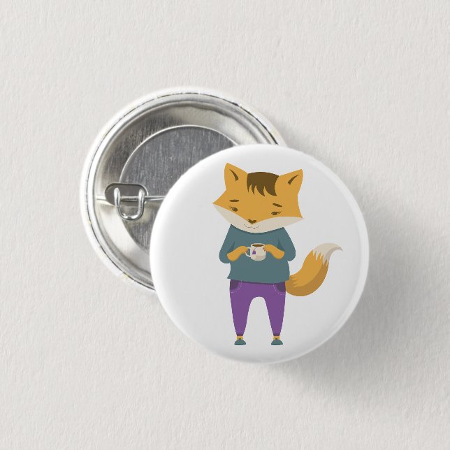 Niedlicher Fuchs mit Tasse Tee Button (Vorne & Hinten)